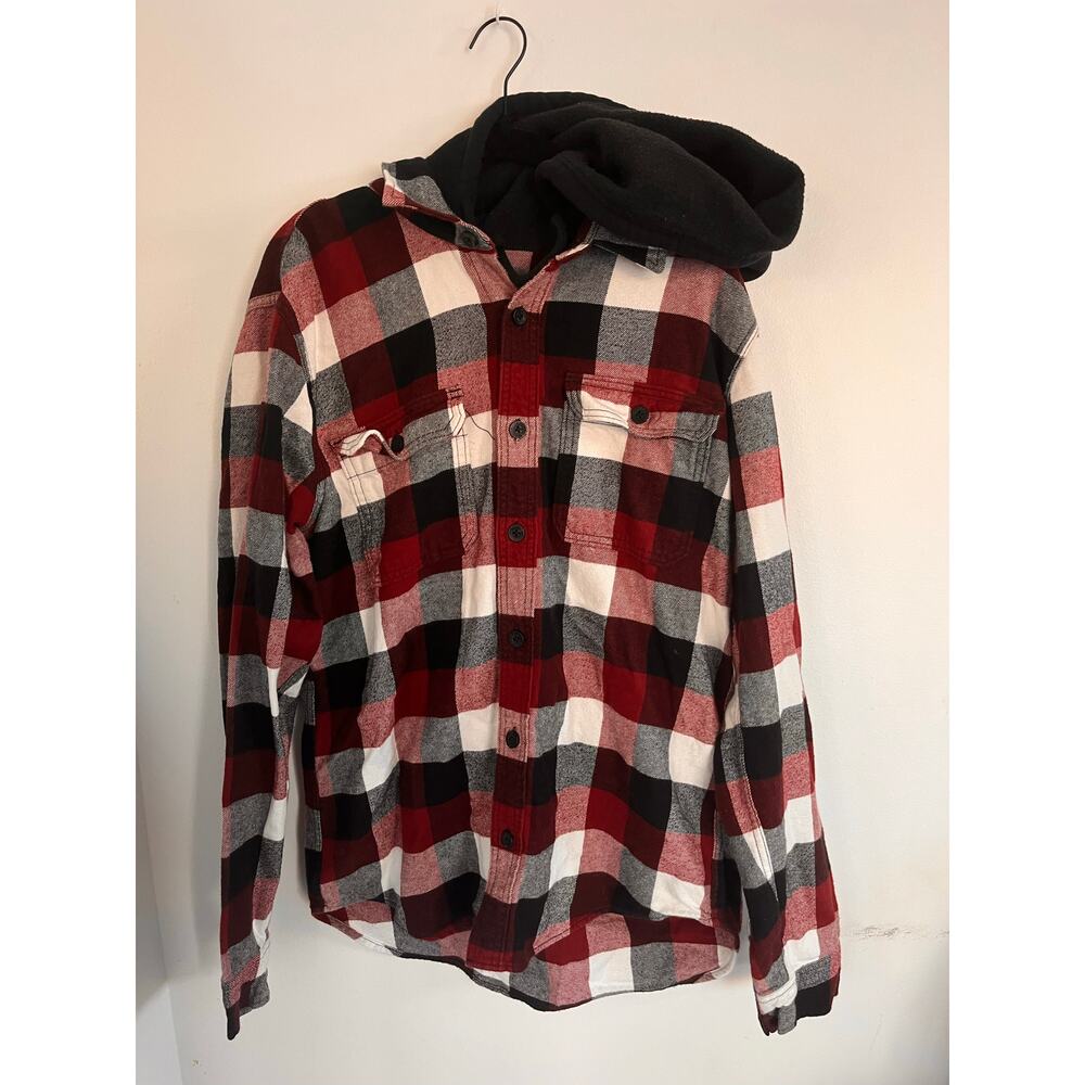 Hollister Flannel Hooded Jacket - Maroon Red/Black/White Buffalo Plaid - Size L